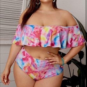Plus Tie Dye Flounce High Waisted Bikini Swimsuit